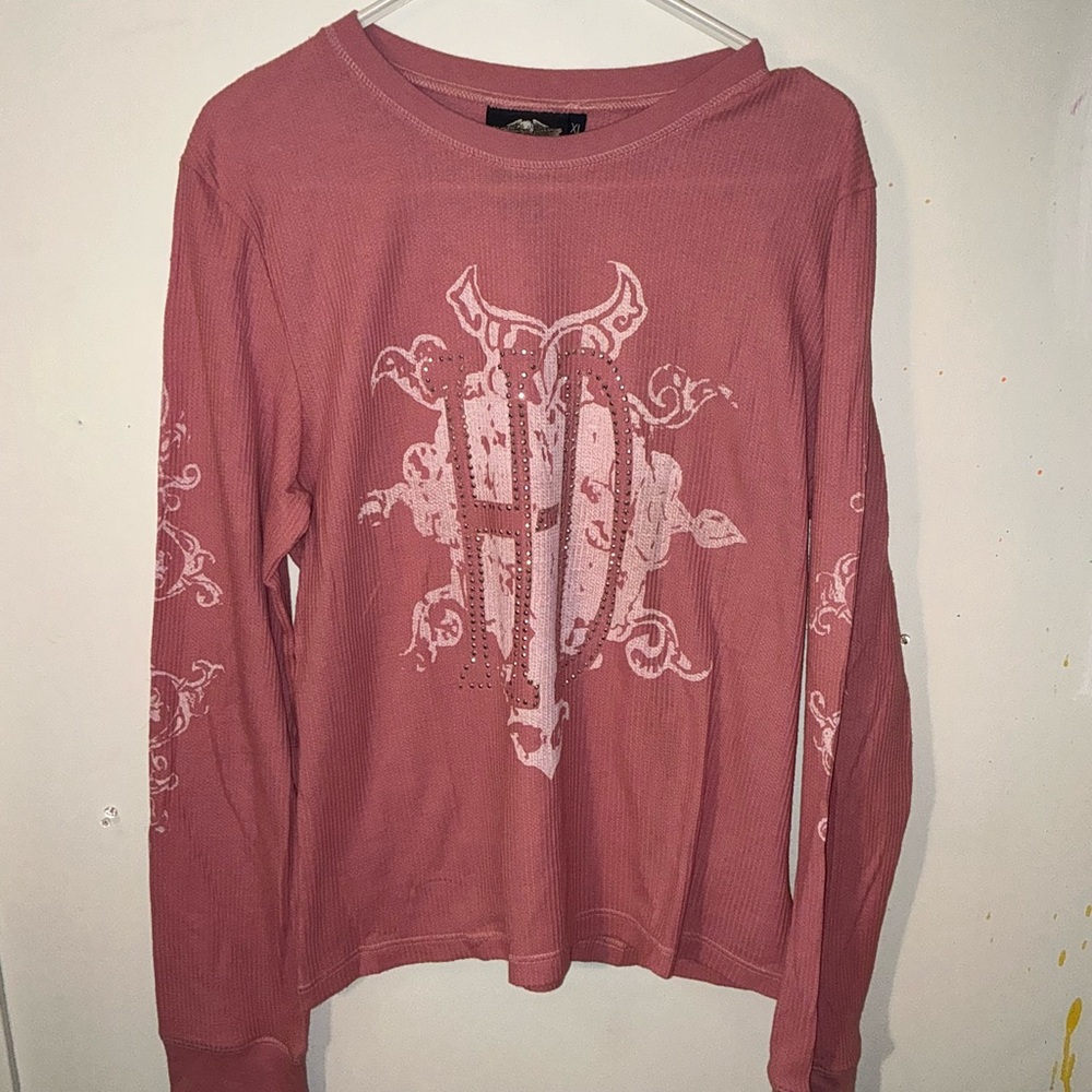 pink waffle knit rhinestone harley davidson long sleeve shirt